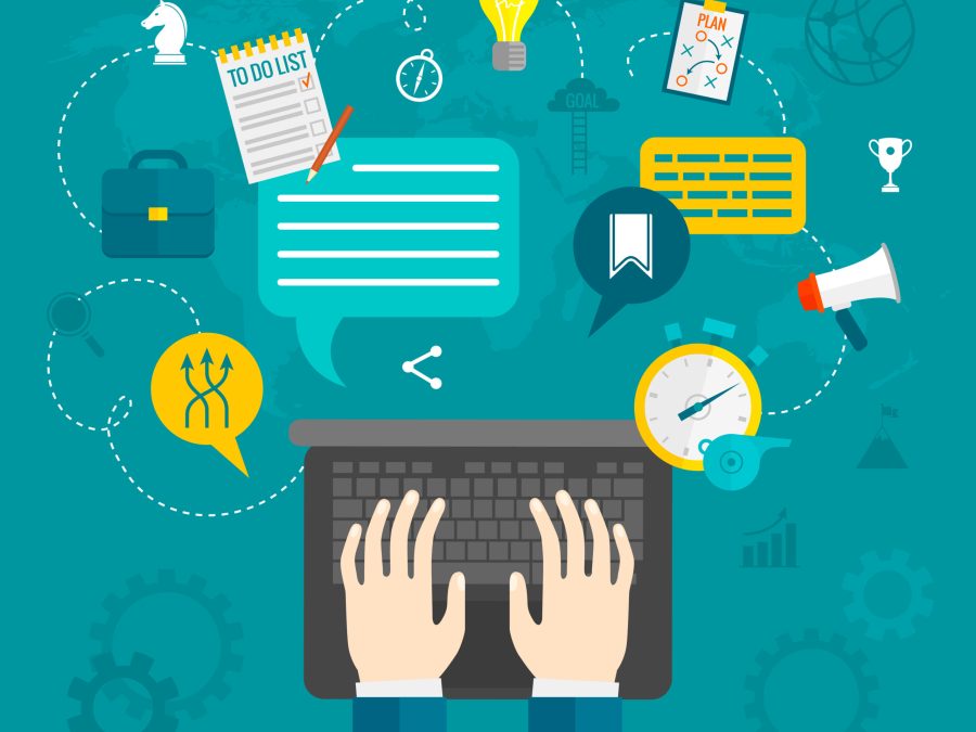 Business Hands Flat Business concept with hands typing on computer flat vector illustration